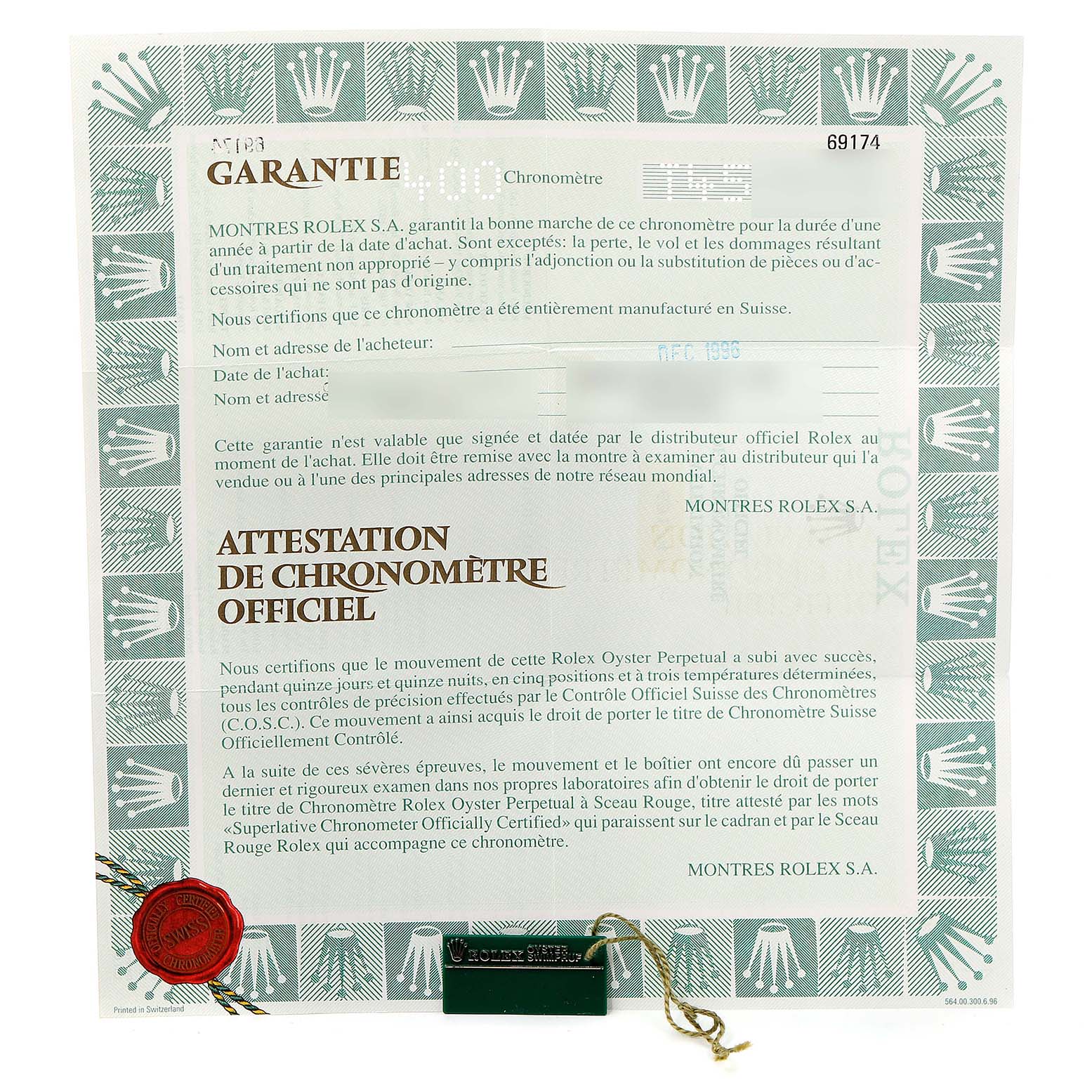 This image shows a warranty certificate for a Rolex Datejust 69174 Women's Stainless Steel Silver Dial 69174 Women's Stainless Steel Silver Dial model, with text and a red seal.