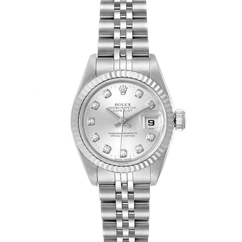 This image shows a Rolex Datejust 69174 Women's Stainless Steel Silver Dial 69174 Women's Stainless Steel Silver Dial watch from a front angle, highlighting its dial, bezel, and bracelet.