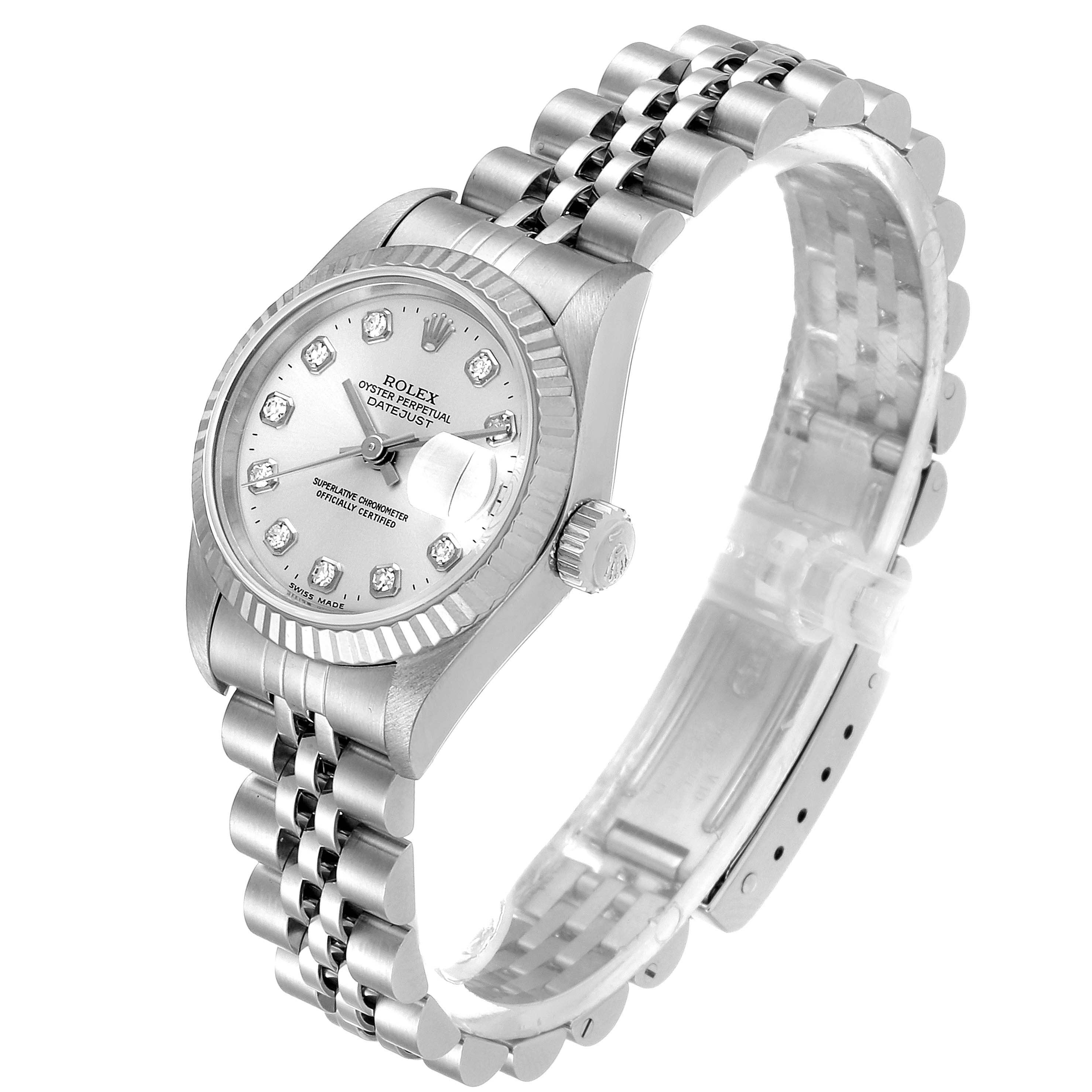 The image shows a Rolex Datejust 69174 Women's Stainless Steel Silver Dial 69174 Women's Stainless Steel Silver Dial watch at a three-quarter angle, highlighting its dial, bezel, crown, and bracelet.