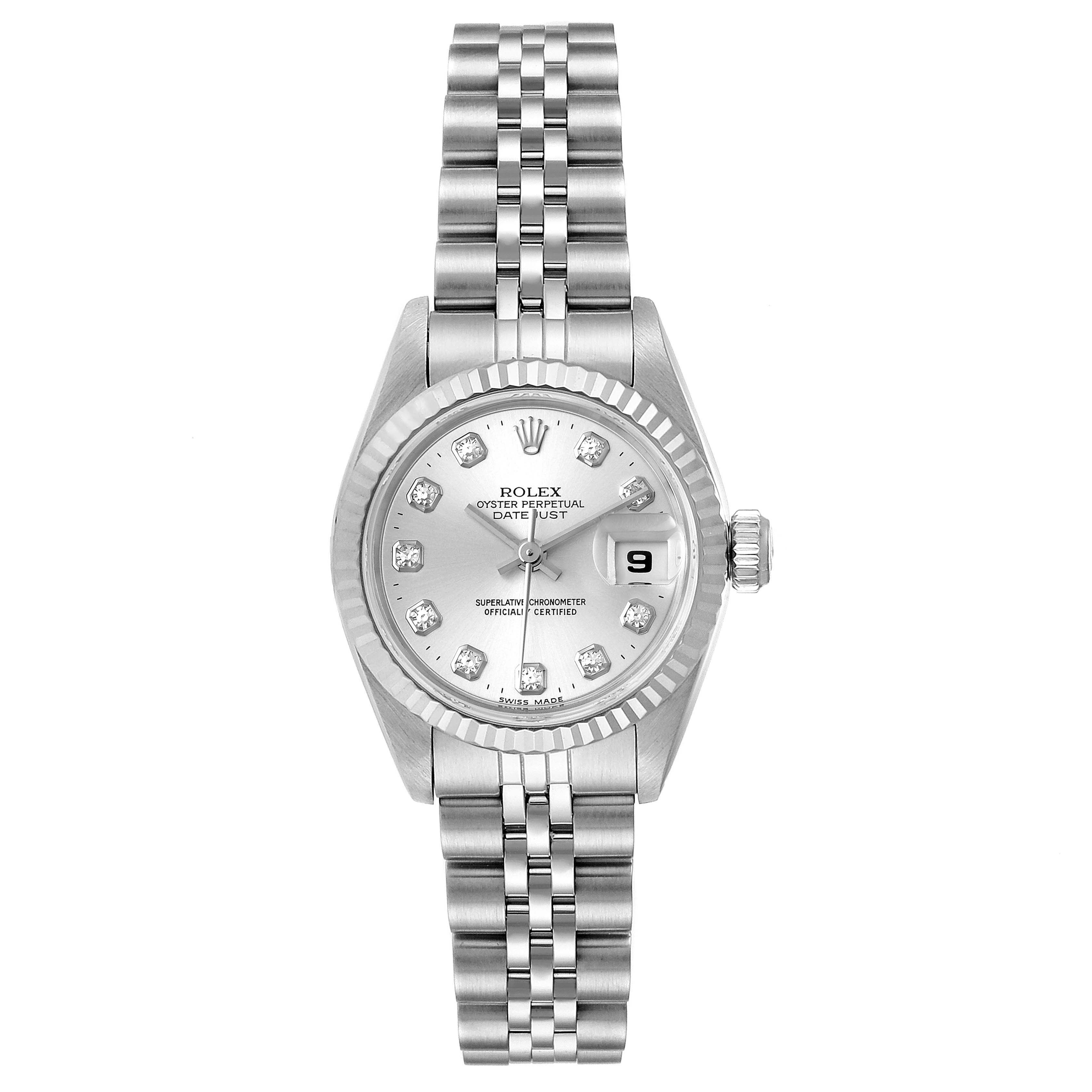 The image shows a top view of a Rolex Datejust 69174 Women's Stainless Steel Silver Dial 69174 Women's Stainless Steel Silver Dial watch, highlighting the dial, bezel, and bracelet.