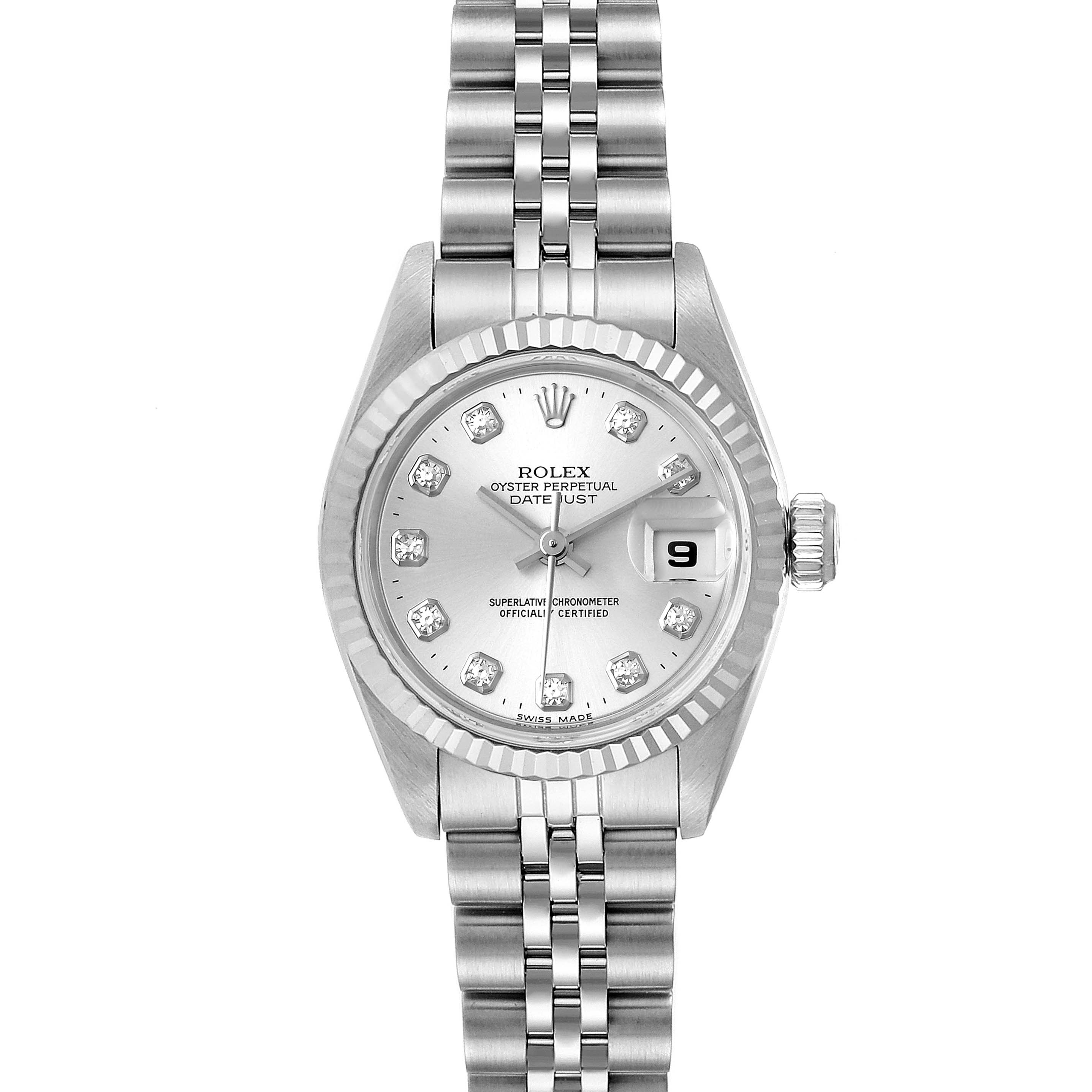 This image shows a front view of the Rolex Datejust 69174 Women's Stainless Steel Silver Dial 69174 Women's Stainless Steel Silver Dial watch, featuring its fluted bezel, jubilee bracelet, and diamond hour markers.