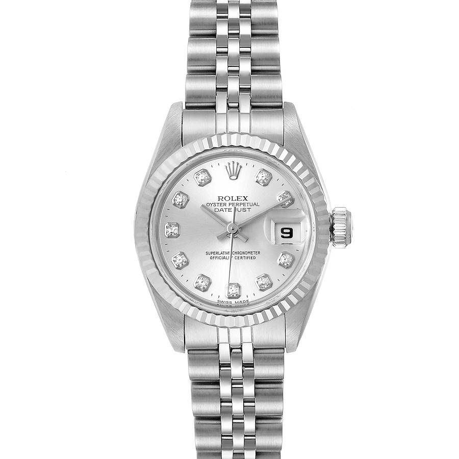 This image shows a front view of the Rolex Datejust 69174 Women's Stainless Steel Silver Dial 69174 Women's Stainless Steel Silver Dial watch, featuring its fluted bezel, jubilee bracelet, and diamond hour markers.