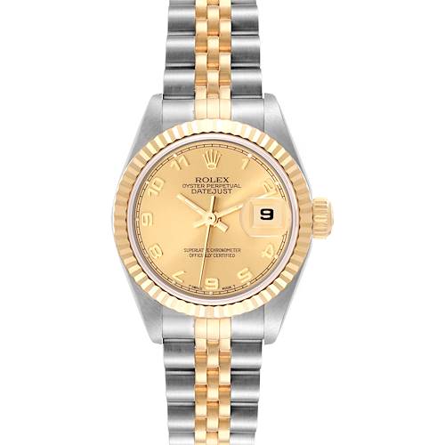 This image shows a frontal view of the Rolex Datejust 69173 Women's Steel and Gold (two tone) Champagne Dial 69173 Women's Steel and Gold (two tone) Champagne Dial watch, highlighting its dial, bezel, crown, and two-tone bracelet.