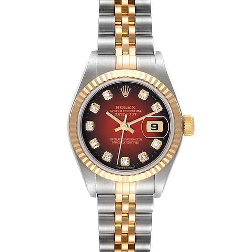 This image shows a front view of a Rolex Datejust 79173 Women's Steel and Gold (two tone) Red Dial 79173 Women's Steel and Gold (two tone) Red Dial watch with a two-tone bracelet and diamond hour markers.