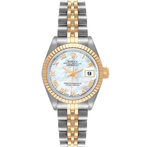 The image shows a Rolex Datejust 69173 Women's Steel and Gold (two tone) Mother of Pearl Dial 69173 Women's Steel and Gold (two tone) Mother of Pearl Dial watch from a front angle, highlighting its dial, bezel, and bracelet.