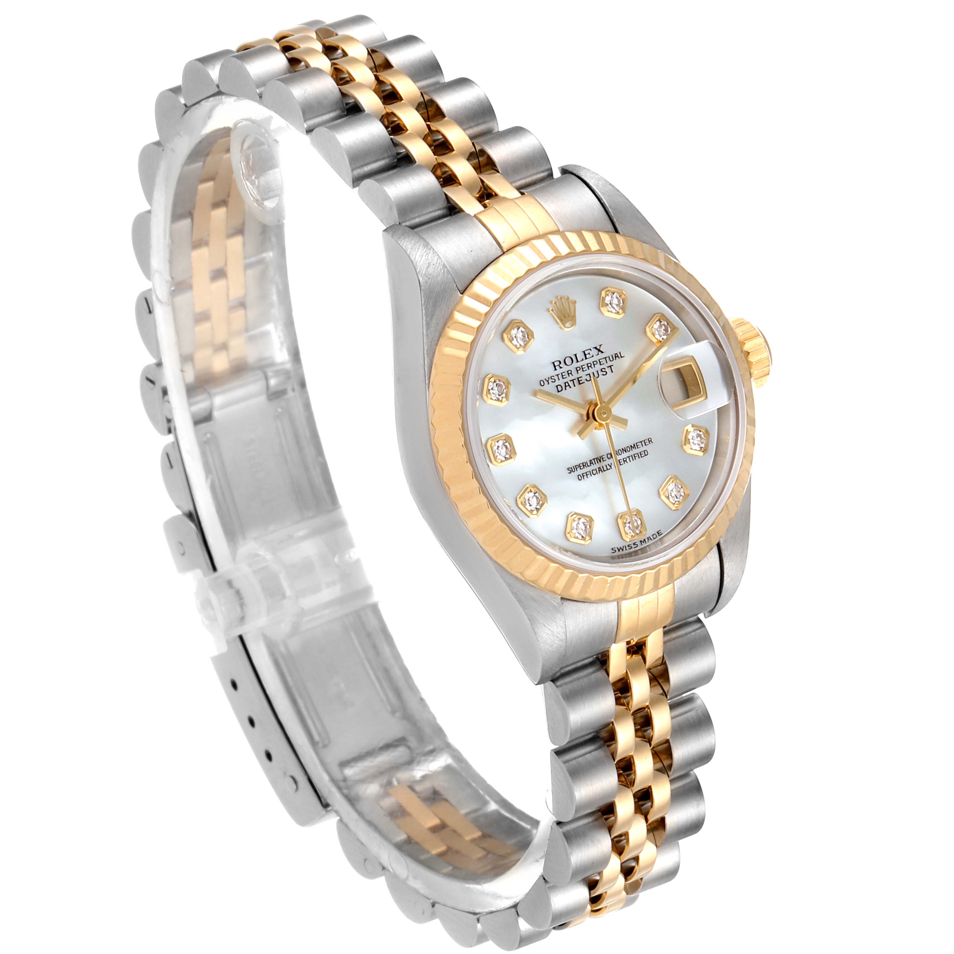 The Rolex Datejust 79173 Women's Steel and Gold (two tone) Mother of Pearl Dial 79173 Women's Steel and Gold (two tone) Mother of Pearl Dial watch is shown at a three-quarter angle displaying the face, bezel, bracelet, and clasp.