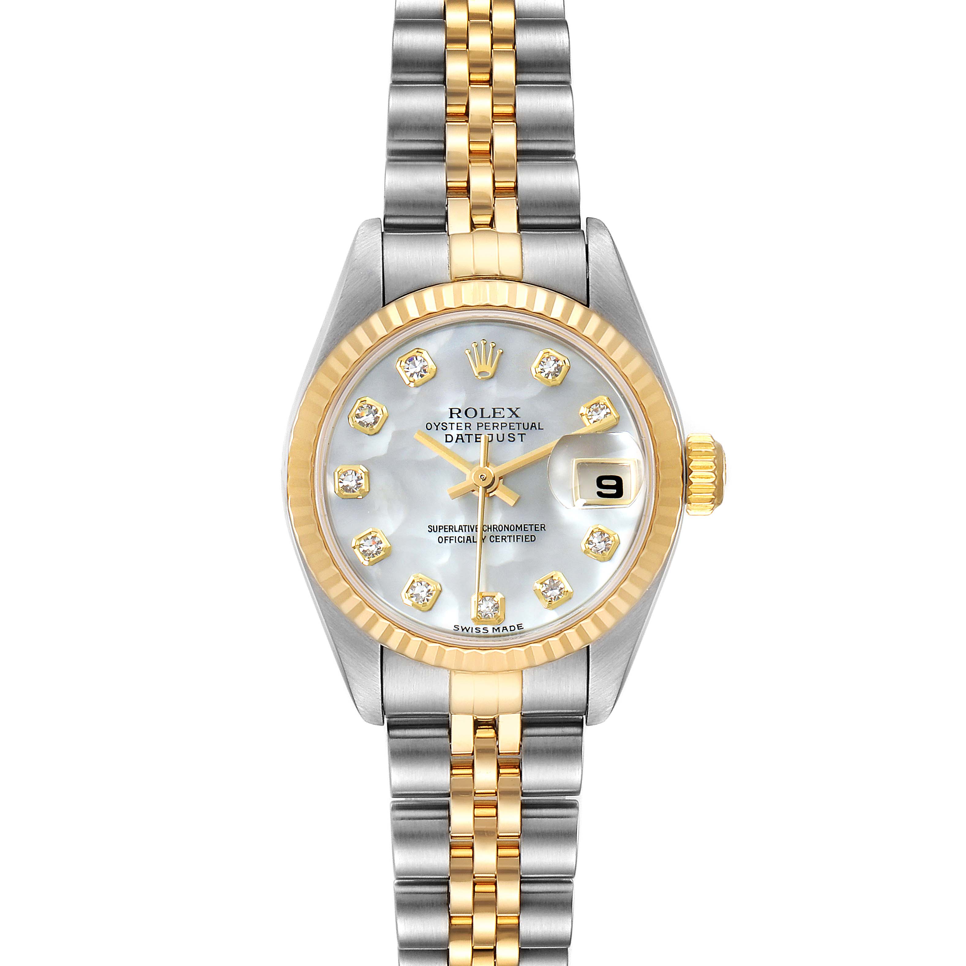 The image shows a frontal view of the Rolex Datejust 79173 Women's Steel and Gold (two tone) Mother of Pearl Dial 79173 Women's Steel and Gold (two tone) Mother of Pearl Dial watch, highlighting the dial, bezel, and bracelet.