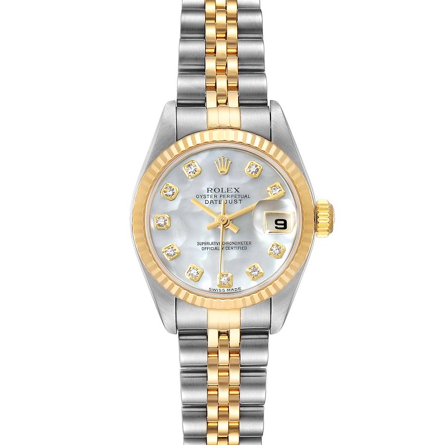 The image shows a frontal view of the Rolex Datejust 79173 Women's Steel and Gold (two tone) Mother of Pearl Dial 79173 Women's Steel and Gold (two tone) Mother of Pearl Dial watch, highlighting the dial, bezel, and bracelet.