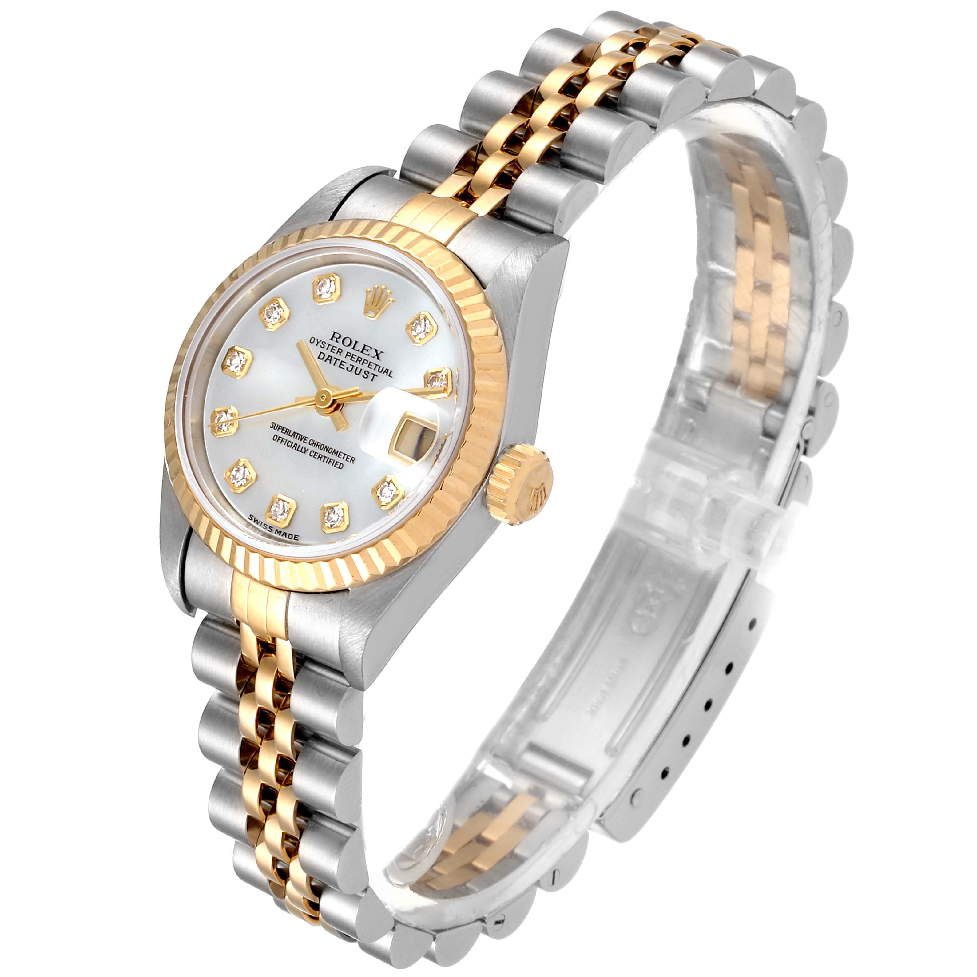 The Rolex Datejust 79173 Women's Steel and Gold (two tone) Mother of Pearl Dial 79173 Women's Steel and Gold (two tone) Mother of Pearl Dial watch is shown at a three-quarter angle, highlighting its face, bracelet, and gold bezel.