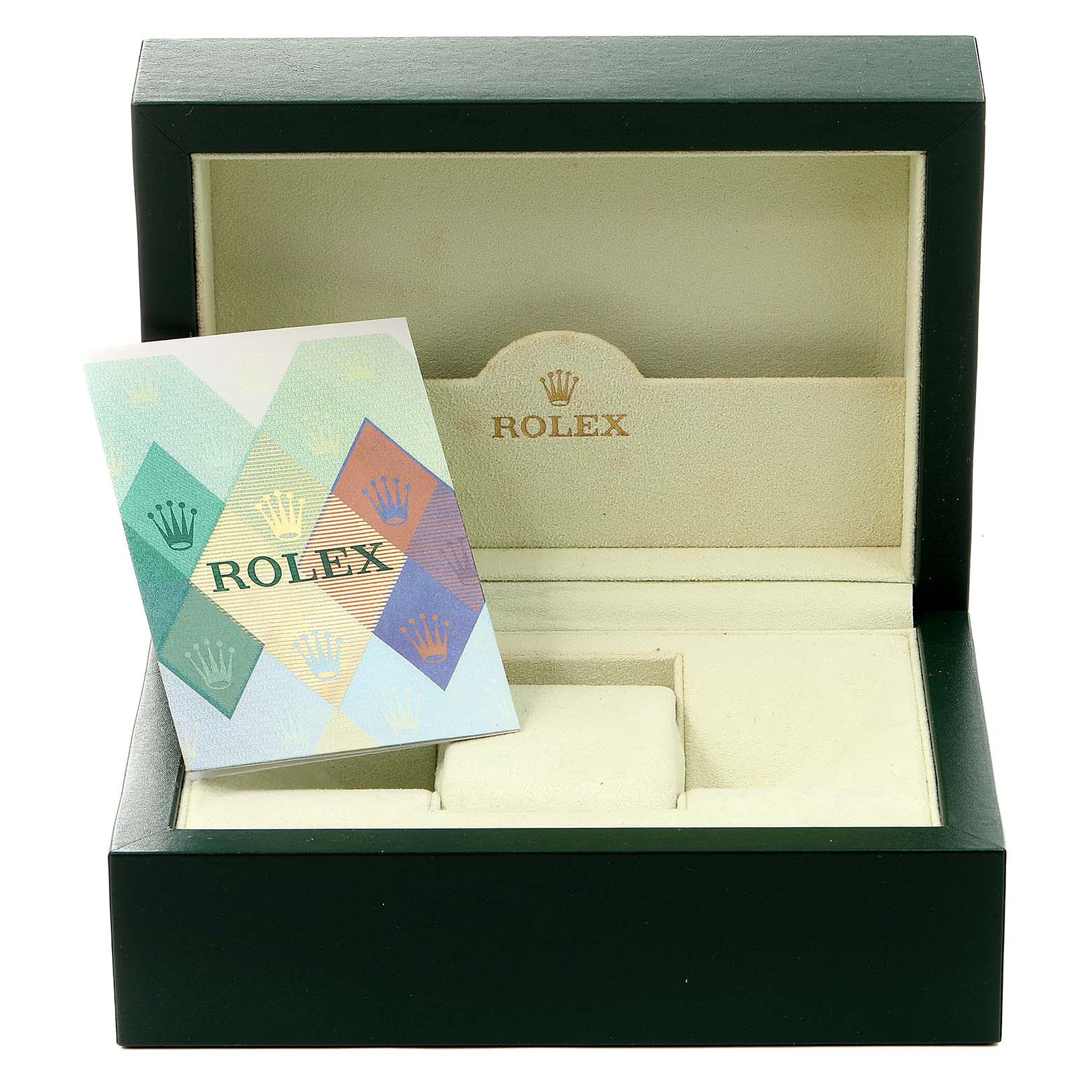 The image shows an open Rolex Datejust 79173 Women's Steel and Gold (two tone) Mother of Pearl Dial 79173 Women's Steel and Gold (two tone) Mother of Pearl Dial watch box with an instruction manual propped up inside.