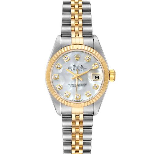 The Rolex Datejust 79173 Women's Steel and Gold (two tone) Mother of Pearl Dial 79173 Women's Steel and Gold (two tone) Mother of Pearl Dial watch is shown from a top-down angle, highlighting its face, bezel, and two-tone bracelet.