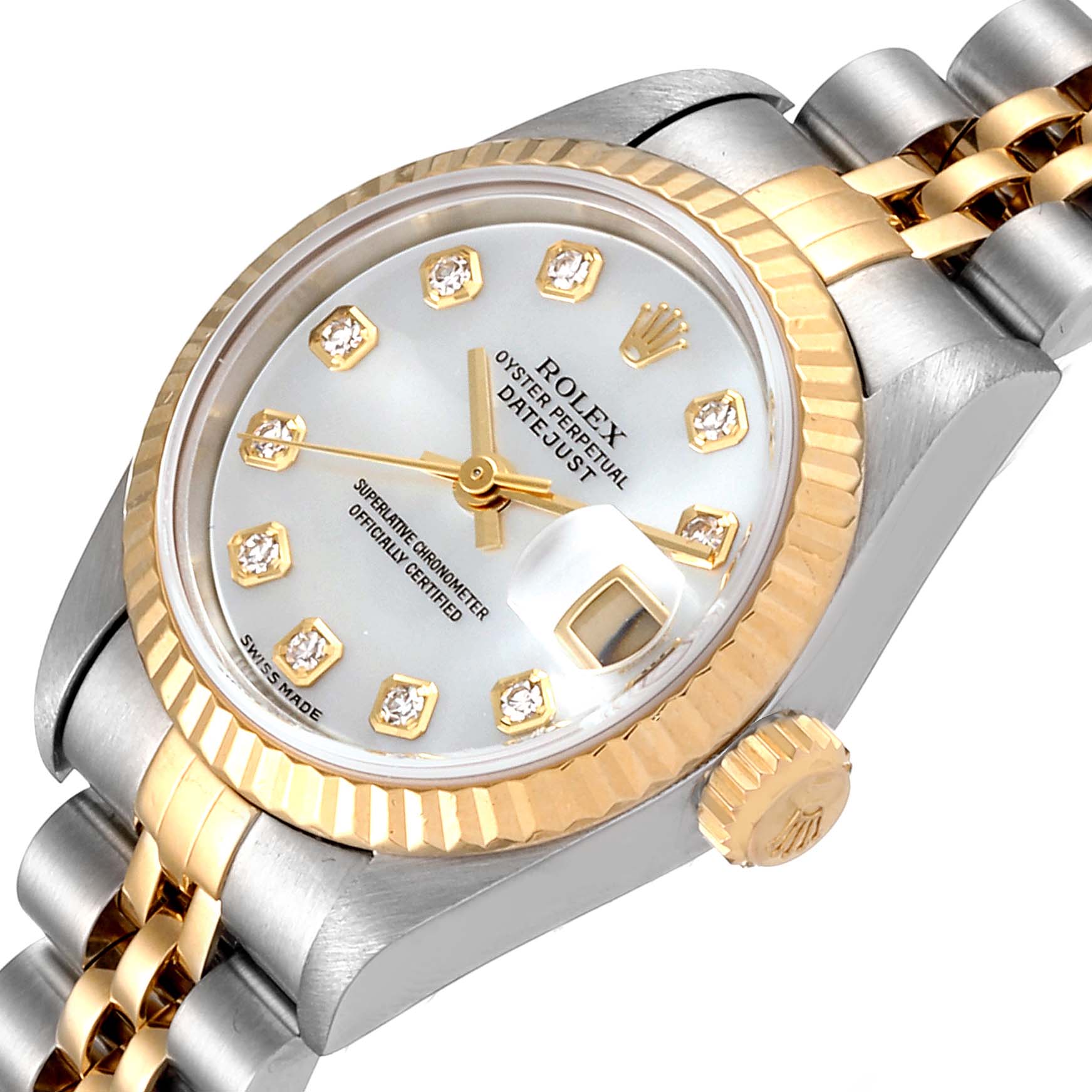This Rolex Datejust 79173 Women's Steel and Gold (two tone) Mother of Pearl Dial 79173 Women's Steel and Gold (two tone) Mother of Pearl Dial watch is shown at an angled close-up, highlighting its face, bezel, crown, and part of the bracelet.