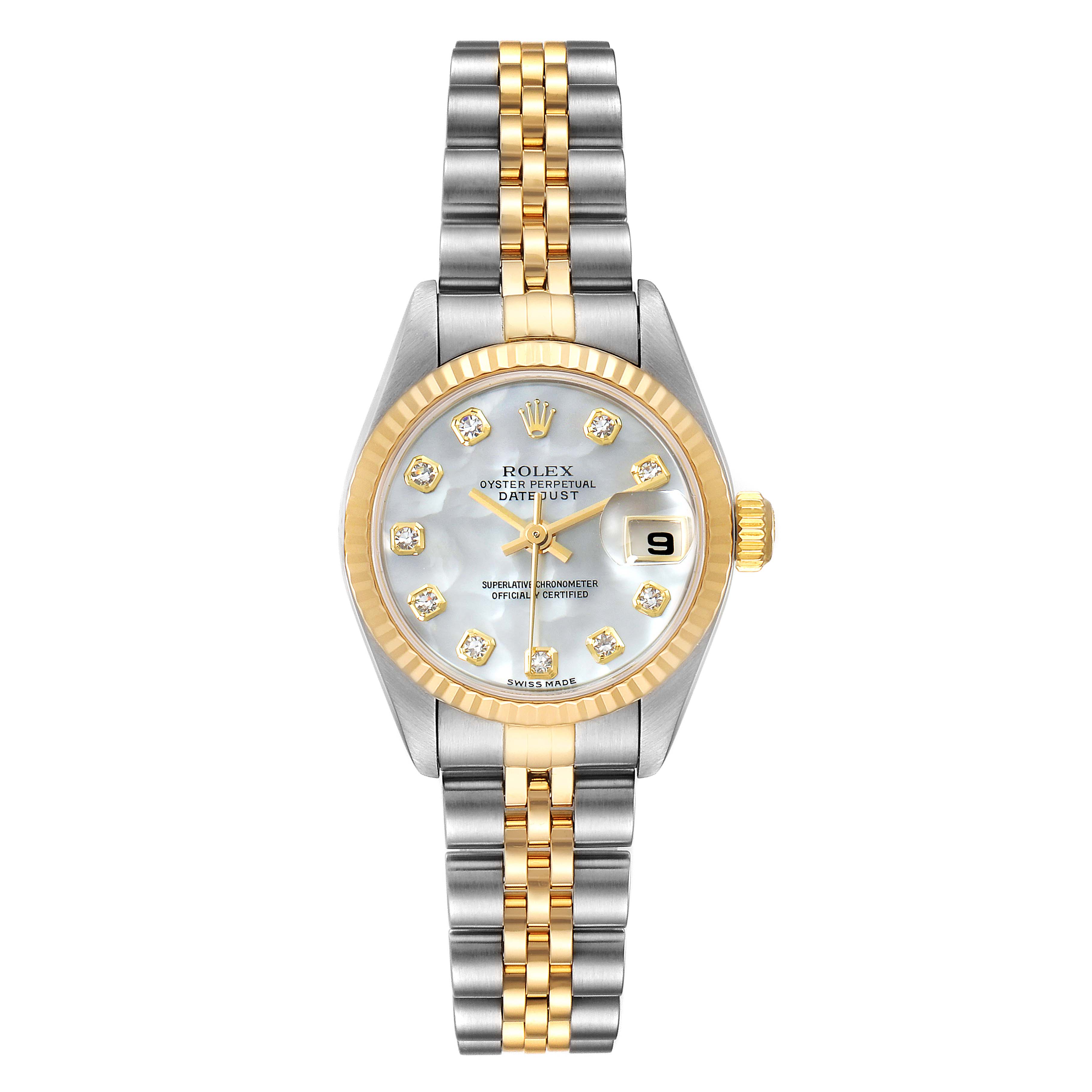 This is a front view of a Rolex Datejust 79173 Women's Steel and Gold (two tone) Mother of Pearl Dial 79173 Women's Steel and Gold (two tone) Mother of Pearl Dial watch, showcasing its dial, bezel, and two-tone bracelet.