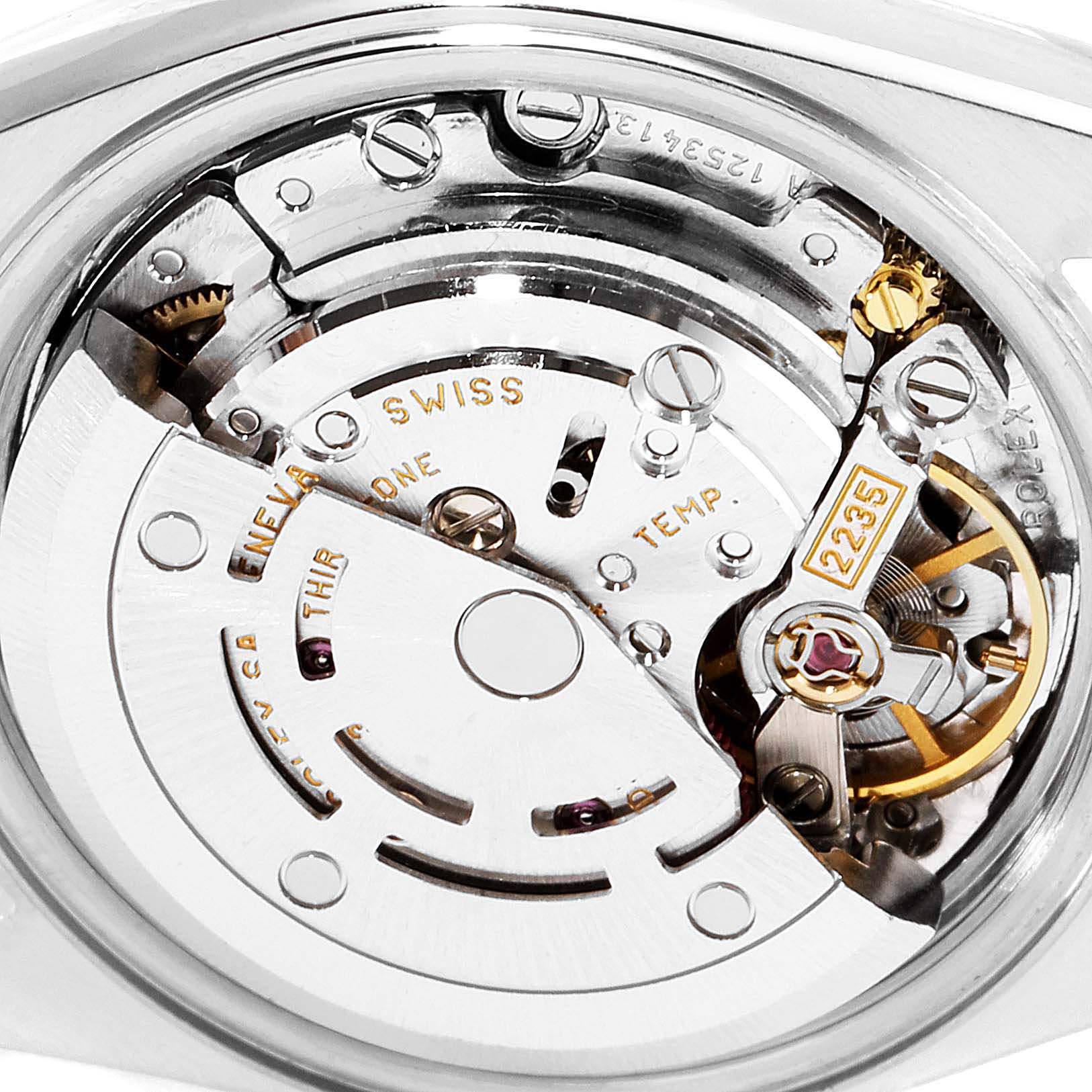 This image shows a close-up view of the internal mechanism of a Rolex Datejust 79173 Women's Steel and Gold (two tone) Mother of Pearl Dial 79173 Women's Steel and Gold (two tone) Mother of Pearl Dial watch model.