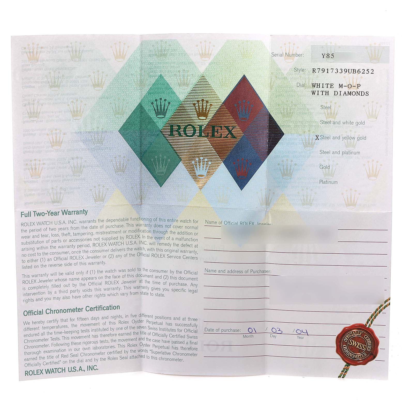 The image shows the warranty card and chronometer certification for the Rolex Datejust 79173 Women's Steel and Gold (two tone) Mother of Pearl Dial 79173 Women's Steel and Gold (two tone) Mother of Pearl Dial watch model.