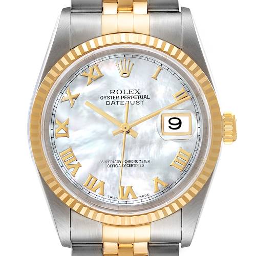This image shows a front view of a Rolex Datejust 16233 Men's Steel and Gold (two tone) Mother of Pearl Dial 16233 Men's Steel and Gold (two tone) Mother of Pearl Dial watch, highlighting the dial, bezel, and part of the bracelet.