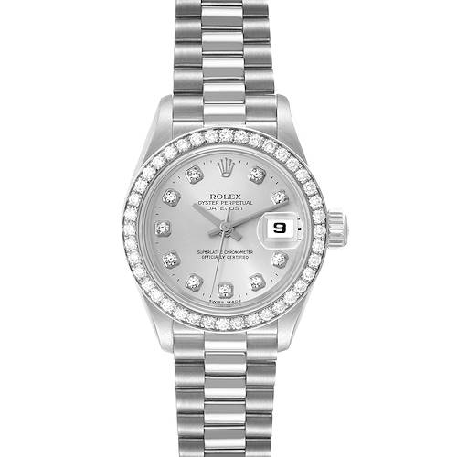 The image shows a frontal view of the Rolex President 69136 Women's Platinum Silver Dial 69136 Women's Platinum Silver Dial model watch, displaying the dial, bracelet, bezel, and date window.