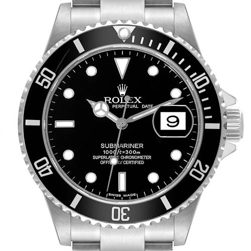 The image shows a front view of a Rolex Submariner 16610 Men's Stainless Steel Black Dial 16610 Men's Stainless Steel Black Dial watch, focusing on the dial, bezel, and part of the bracelet.