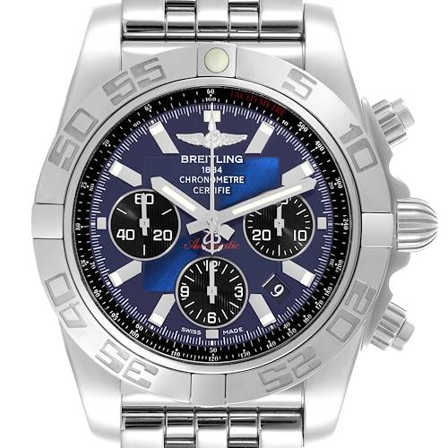 The Breitling Chronomat AB0110/A011C89PA Men's Stainless Steel Blue Dial AB0110/A011C89PA Men's Stainless Steel Blue Dial watch is shown from the front, highlighting its dial, bezel, and bracelet.
