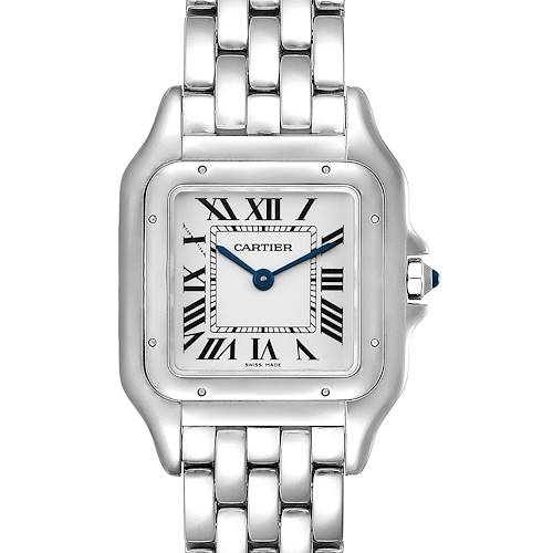 The image shows a frontal view of the Cartier Panthere WSPN0007 Women's Stainless Steel Silver Dial WSPN0007 Women's Stainless Steel Silver Dial watch, displaying its face, bezel, and bracelet.