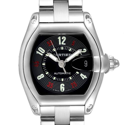 This image shows a front view of the Cartier Roadster W62002V3 Men's Stainless Steel Black Dial W62002V3 Men's Stainless Steel Black Dial watch, highlighting its face, dial, and part of the bracelet.