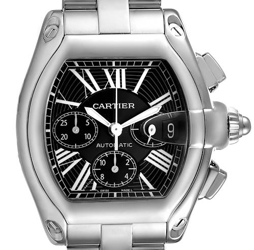 This is a head-on view of the Cartier Roadster W62020X6 Men's Stainless Steel Black Dial W62020X6 Men's Stainless Steel Black Dial watch, showing its dial, chronograph subdials, date window, and bracelet.