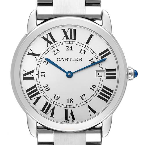 The Cartier Ronde W6701005 Men's Stainless Steel Silver Dial W6701005 Men's Stainless Steel Silver Dial watch is shown from the front, highlighting its face, Roman numerals, and part of the metal bracelet.