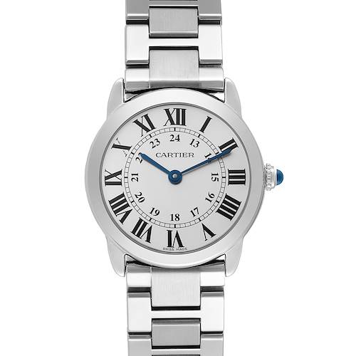 The Cartier Ronde W6701004 Women's Stainless Steel Silver Dial W6701004 Women's Stainless Steel Silver Dial watch is shown from a front angle, displaying the face, bezel, and bracelet.
