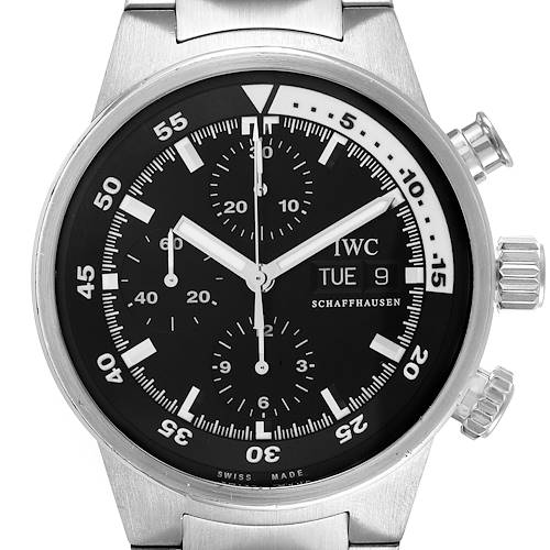 This IWC Aquatimer IW371928 Men's Stainless Steel Black Dial IW371928 Men's Stainless Steel Black Dial watch is shown from a front angle, highlighting its black dial, chronograph subdials, and date display.