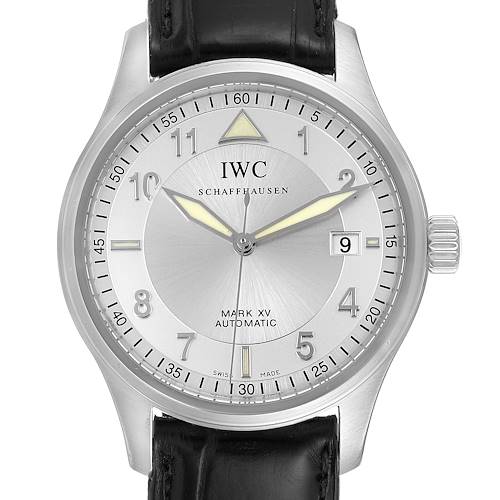 The image shows a front view of the IWC Pilot IW325313 Men's Stainless Steel Silver Dial IW325313 Men's Stainless Steel Silver Dial Mark XV Automatic watch with a leather strap and date display.