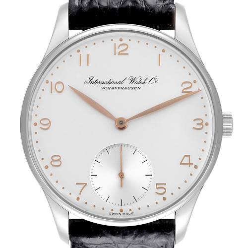 The IWC Portuguese IW5441 Men's Stainless Steel Silver Dial IW5441 Men's Stainless Steel Silver Dial watch is shown from the front, displaying the dial, hands, numerals, and crown.