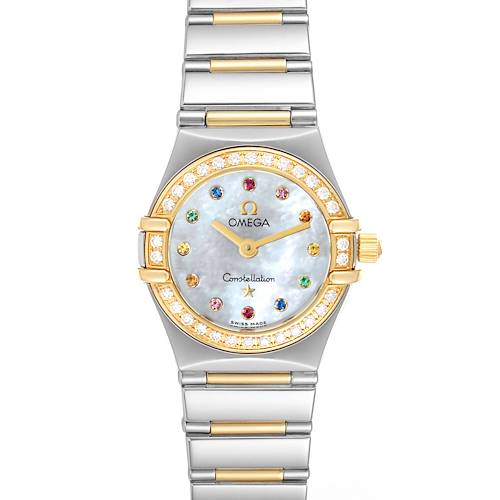 The image shows a front view of the Omega 1365.79.00 Women's Stainless Steel Mother of Pearl Dial 1365.79.00 Women's Stainless Steel Mother of Pearl Dial Constellation Iris Steel Yellow Gold Multi Stone Watch 1365.79.00 model, highlighting the dial and bracelet.