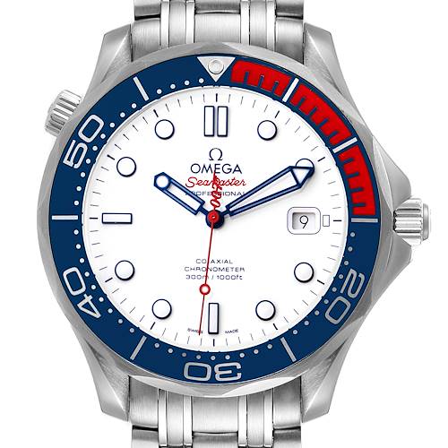 The image shows the face of an Omega Seamaster 212.32.41.20.04.001 Men's Stainless Steel White Dial 212.32.41.20.04.001 Men's Stainless Steel White Dial watch at a straight-on angle.