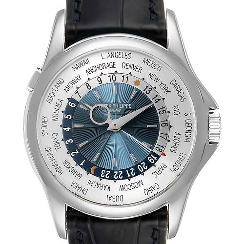 The image shows a front-facing view of the Patek Philippe Complications 5130P Men's Platinum Silver Dial 5130P Men's Platinum Silver Dial watch, highlighting its detailed dial and bezel.