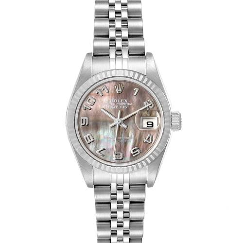 The image shows a Rolex Datejust 79174 Women's Stainless Steel Mother of Pearl Dial 79174 Women's Stainless Steel Mother of Pearl Dial watch from a front view, highlighting its face, bezel, and bracelet.