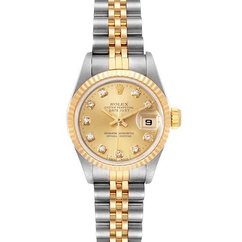 This image shows a frontal view of a Rolex Datejust 69173 Women's Steel and Gold (two tone) Champagne Dial 69173 Women's Steel and Gold (two tone) Champagne Dial watch with a gold and stainless steel bracelet and a gold diamond-encrusted dial.