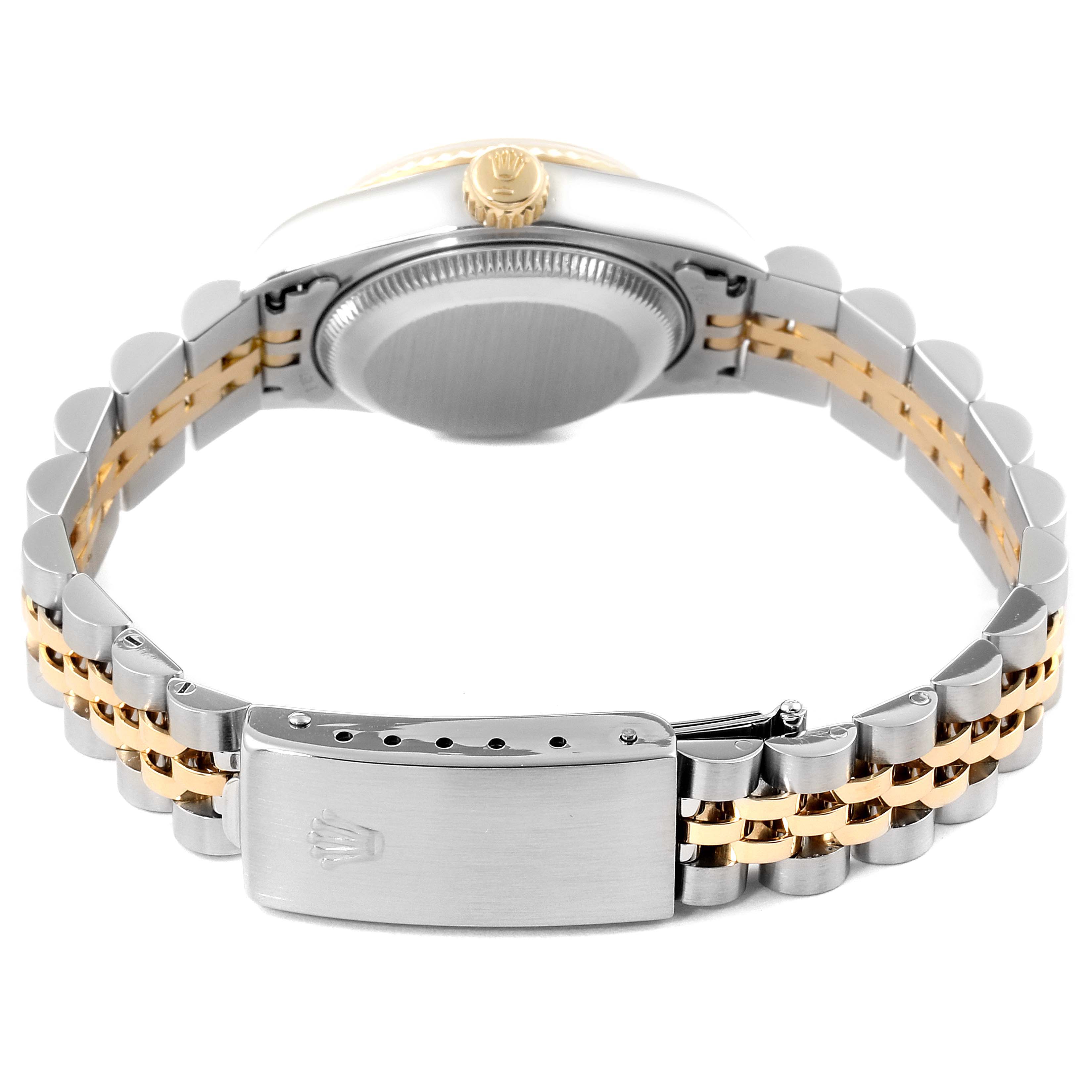 This image shows the back case and bracelet clasp of a Rolex Datejust 69173 Women's Steel and Gold (two tone) Champagne Dial 69173 Women's Steel and Gold (two tone) Champagne Dial watch, with a two-tone metal design.