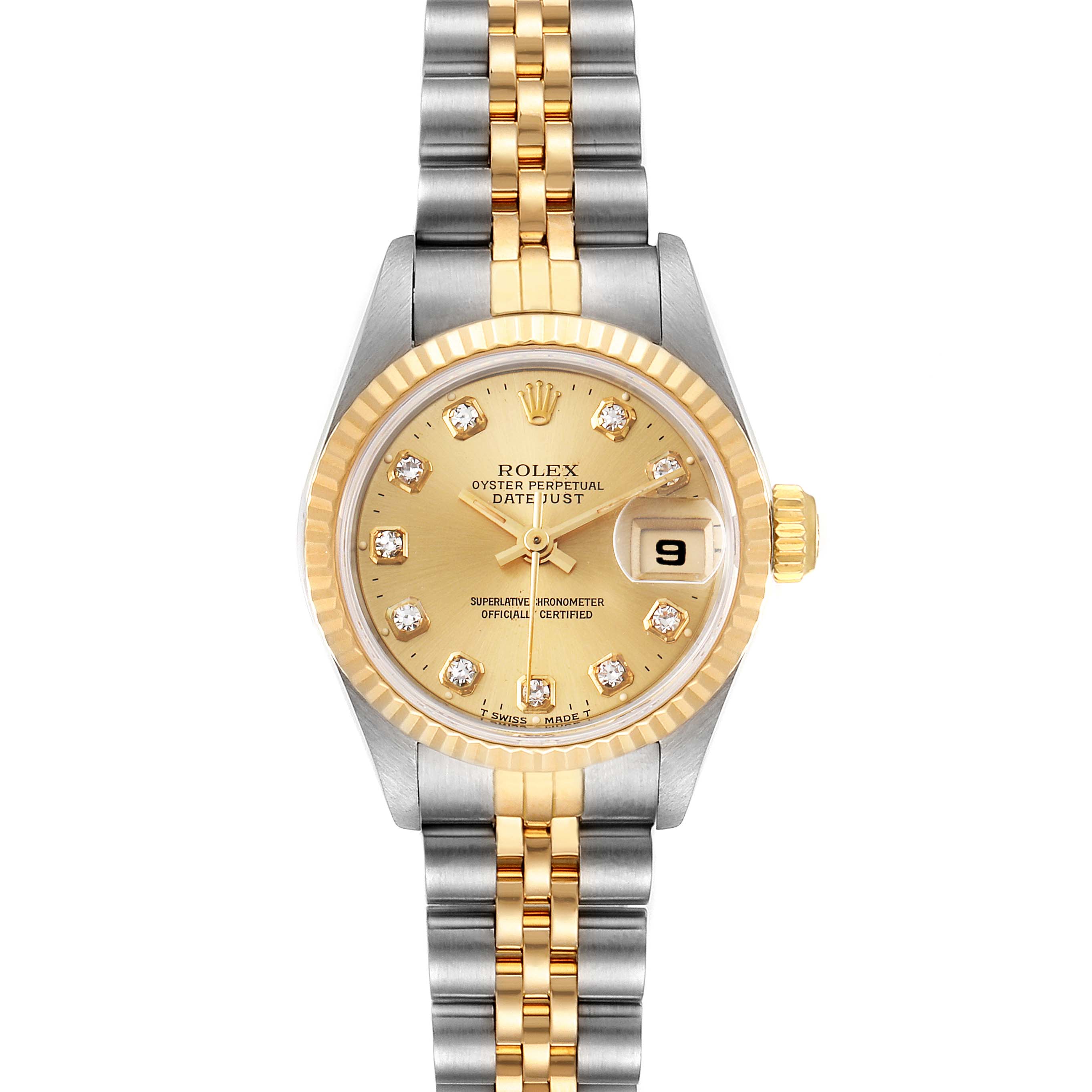 This is a straight-on view of a Rolex Datejust 69173 Women's Steel and Gold (two tone) Champagne Dial 69173 Women's Steel and Gold (two tone) Champagne Dial watch, showing the gold bezel, champagne dial, and two-tone bracelet.