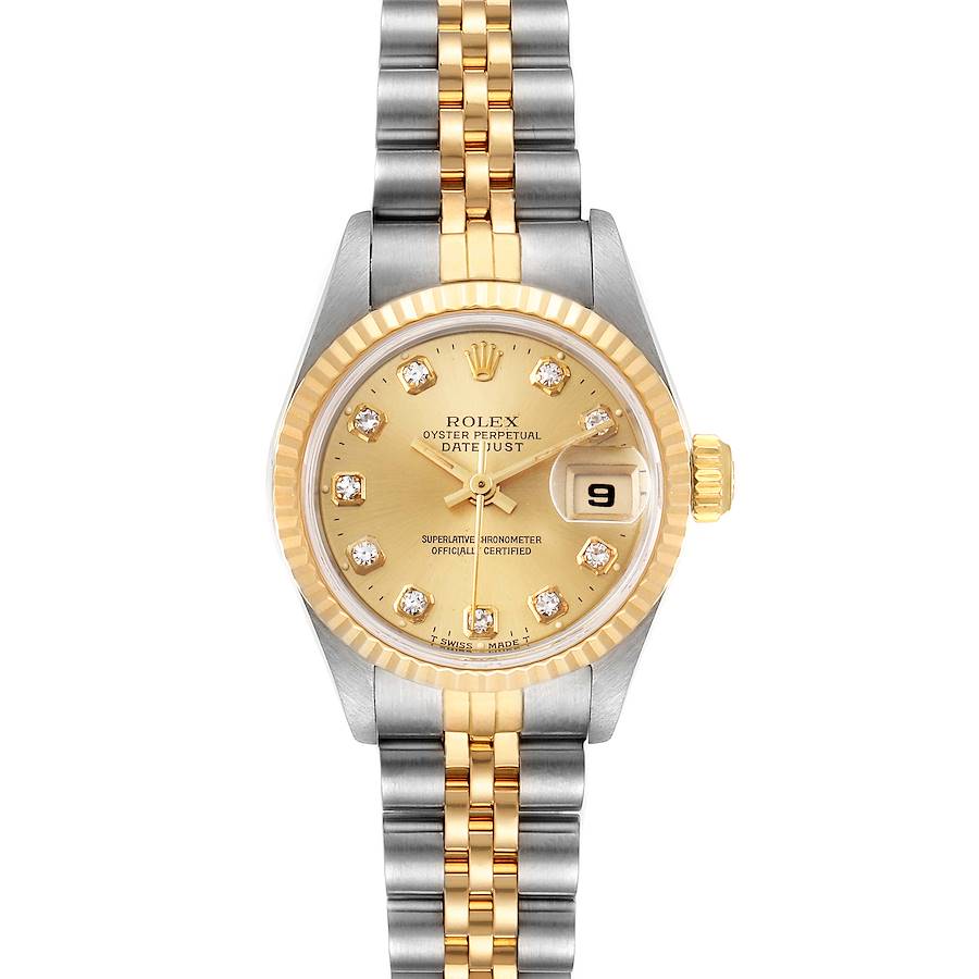 This is a straight-on view of a Rolex Datejust 69173 Women's Steel and Gold (two tone) Champagne Dial 69173 Women's Steel and Gold (two tone) Champagne Dial watch, showing the gold bezel, champagne dial, and two-tone bracelet.