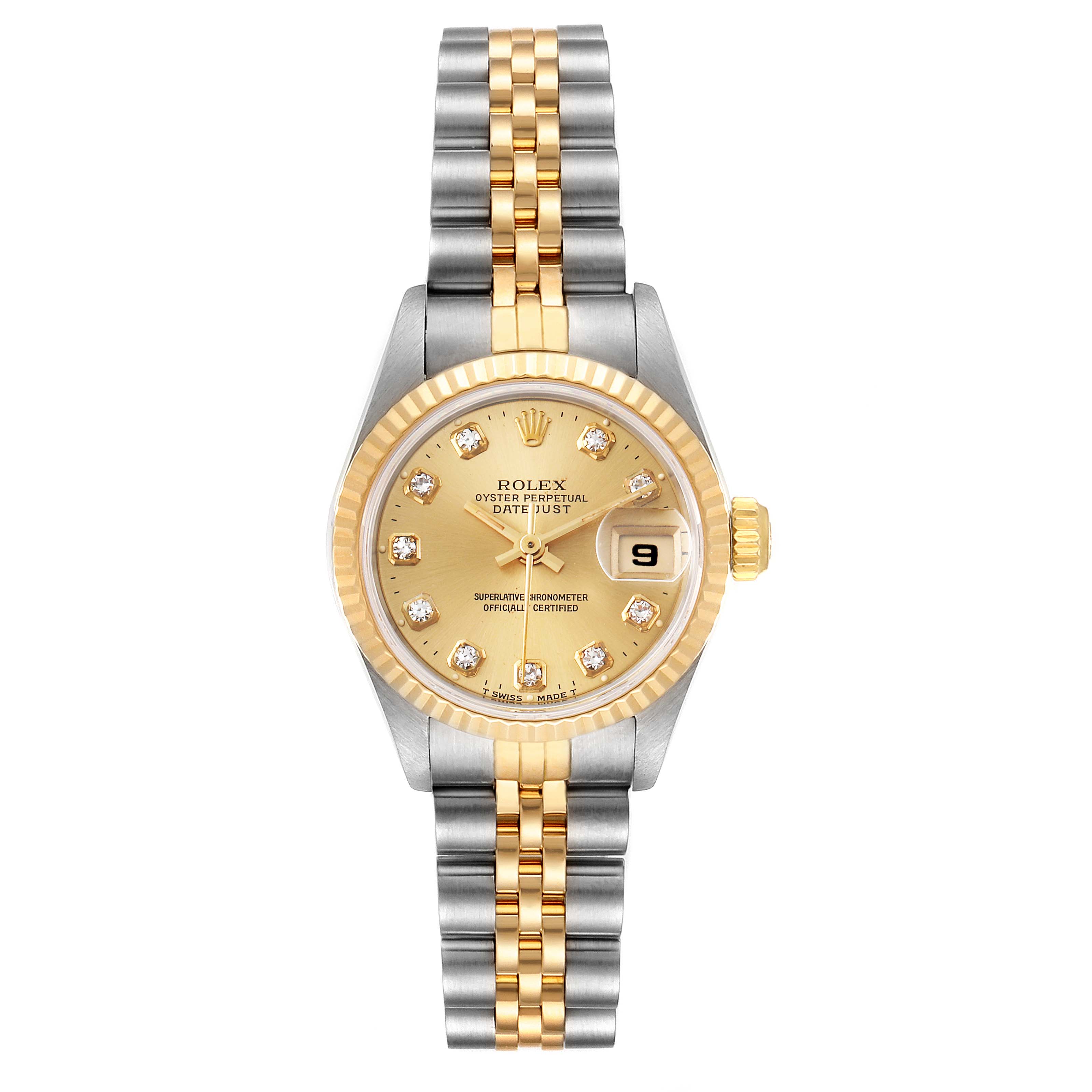 The image shows a frontal view of a Rolex Datejust 69173 Women's Steel and Gold (two tone) Champagne Dial 69173 Women's Steel and Gold (two tone) Champagne Dial watch, highlighting its face, bezel, and two-tone bracelet.