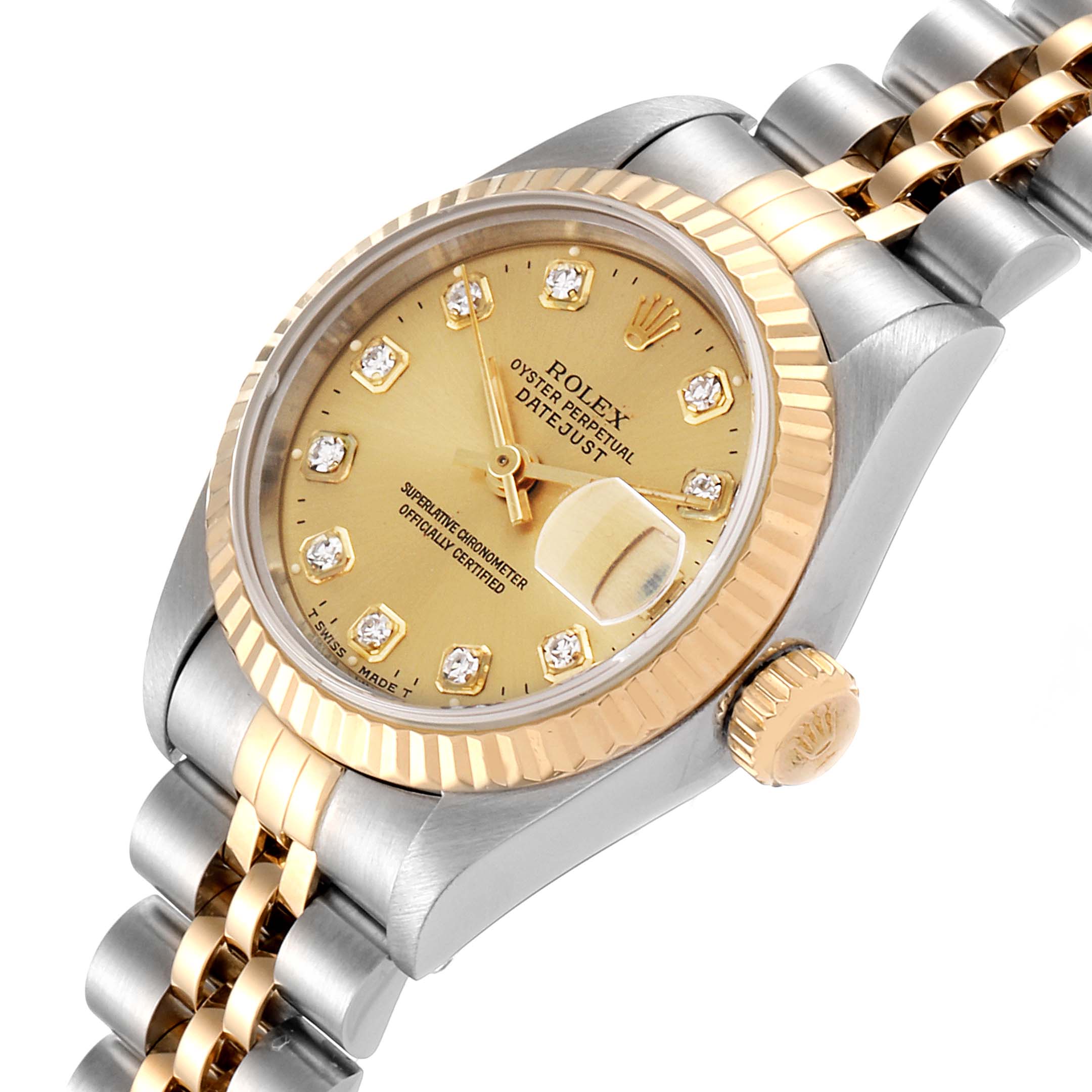 This is a close-up angled view of the Rolex Datejust 69173 Women's Steel and Gold (two tone) Champagne Dial 69173 Women's Steel and Gold (two tone) Champagne Dial, showcasing the dial, bezel, case, and bracelet.