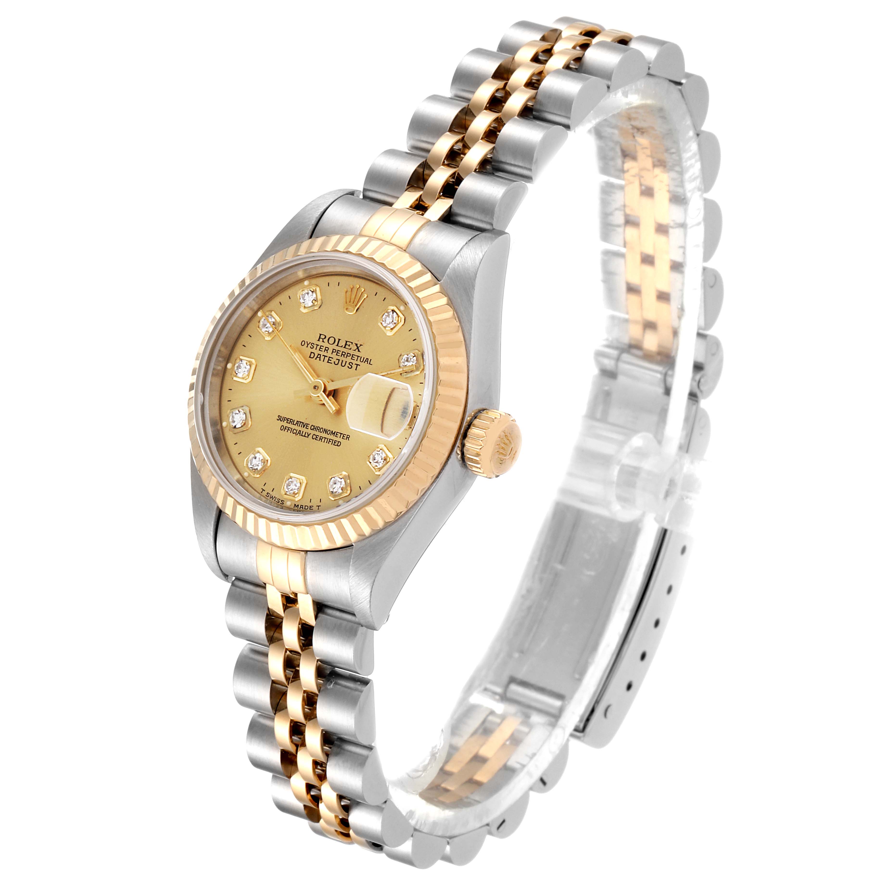 The image shows a Rolex Datejust 69173 Women's Steel and Gold (two tone) Champagne Dial 69173 Women's Steel and Gold (two tone) Champagne Dial watch at a three-quarter angle with a two-tone bracelet, champagne dial, and diamond hour markers.
