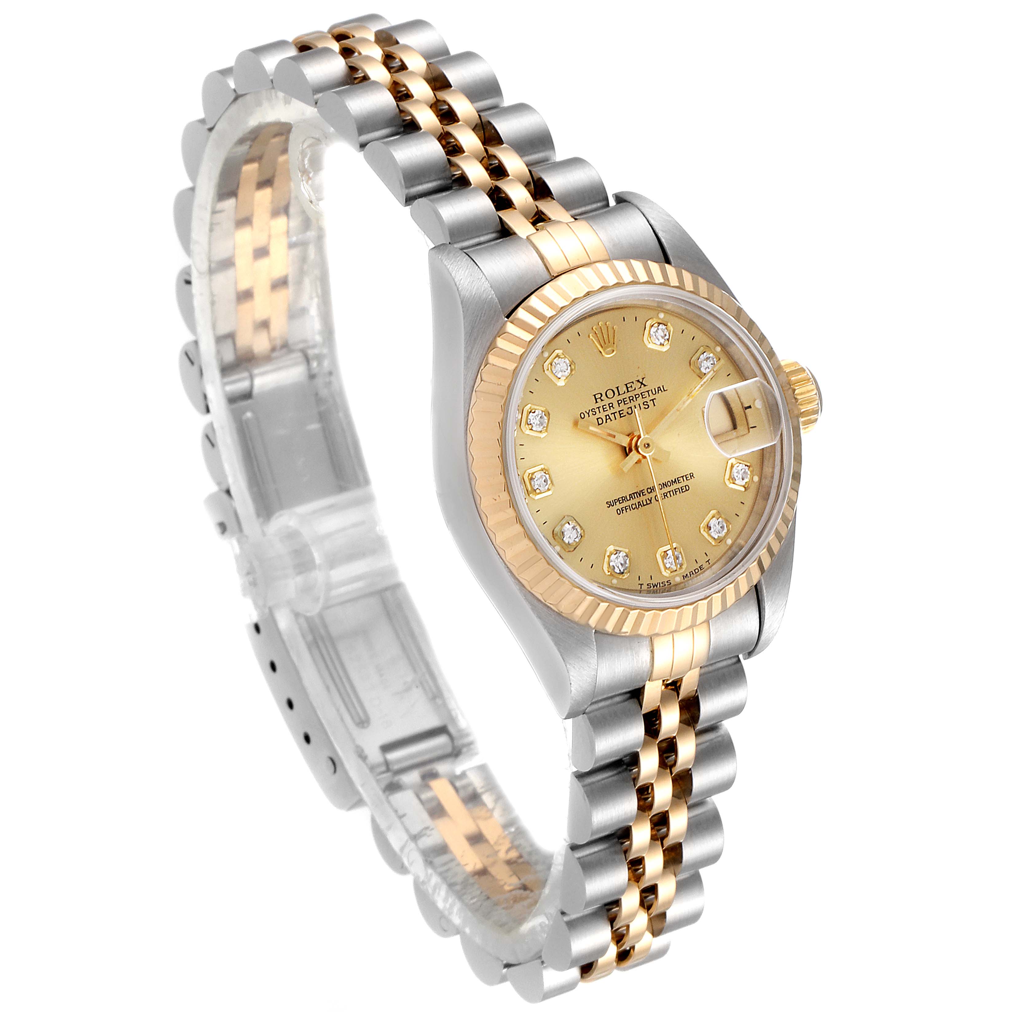 The image shows a gold and silver Rolex Datejust 69173 Women's Steel and Gold (two tone) Champagne Dial 69173 Women's Steel and Gold (two tone) Champagne Dial watch at a slight side angle, highlighting its bracelet, dial, and bezel.
