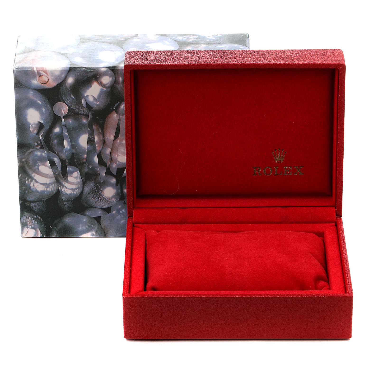 This image shows a red Rolex watch box for the Datejust model, with the brand's logo inside the box lid.