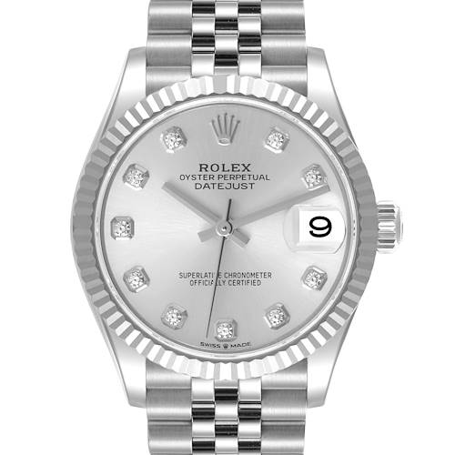 The watch is a Rolex Datejust Mid-Size model shown from the front, displaying the dial, bezel, and part of the bracelet.