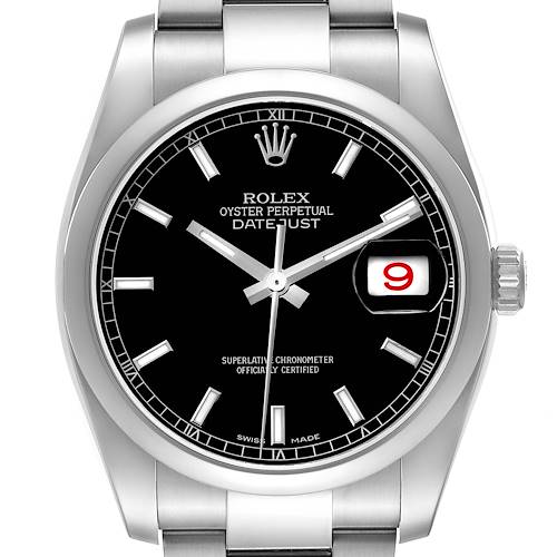 The Rolex Datejust 116200 Men's Stainless Steel Black Dial 116200 Men's Stainless Steel Black Dial watch is shown from the front, displaying the dial, hands, crown, bezel, and part of the bracelet.