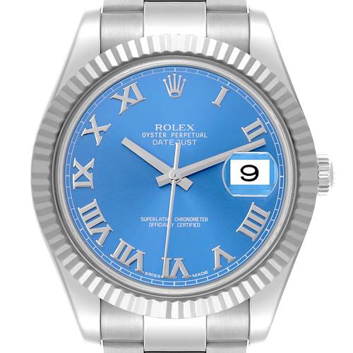 The Rolex Datejust 41 116334 Men's Stainless Steel Blue Dial 116334 Men's Stainless Steel Blue Dial watch is shown from a front view, highlighting the blue dial, Roman numerals, and fluted bezel.