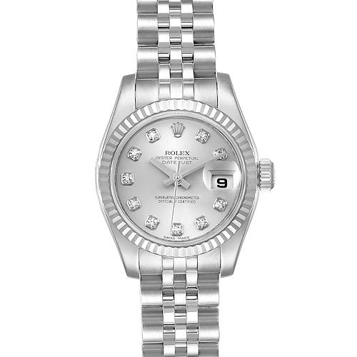 This image shows a frontal view of the Rolex Datejust 179174 Women's Stainless Steel Silver Dial 179174 Women's Stainless Steel Silver Dial watch, highlighting its silver dial, date window, and metal bracelet band.