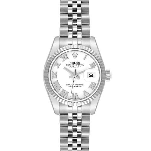 The Rolex Datejust 179174 Women's Stainless Steel White Dial 179174 Women's Stainless Steel White Dial watch is shown from a front angle, displaying the dial, bezel, crown, and bracelet.