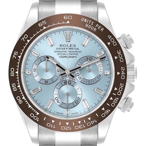 The Rolex Daytona 116506 Men's Platinum Blue Dial 116506 Men's Platinum Blue Dial watch is shown from a front view, highlighting the dial, bezel, and subdials.